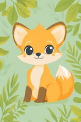 Fototapeta premium Cute fox sitting amidst green leaves; nature background; children's book illustration