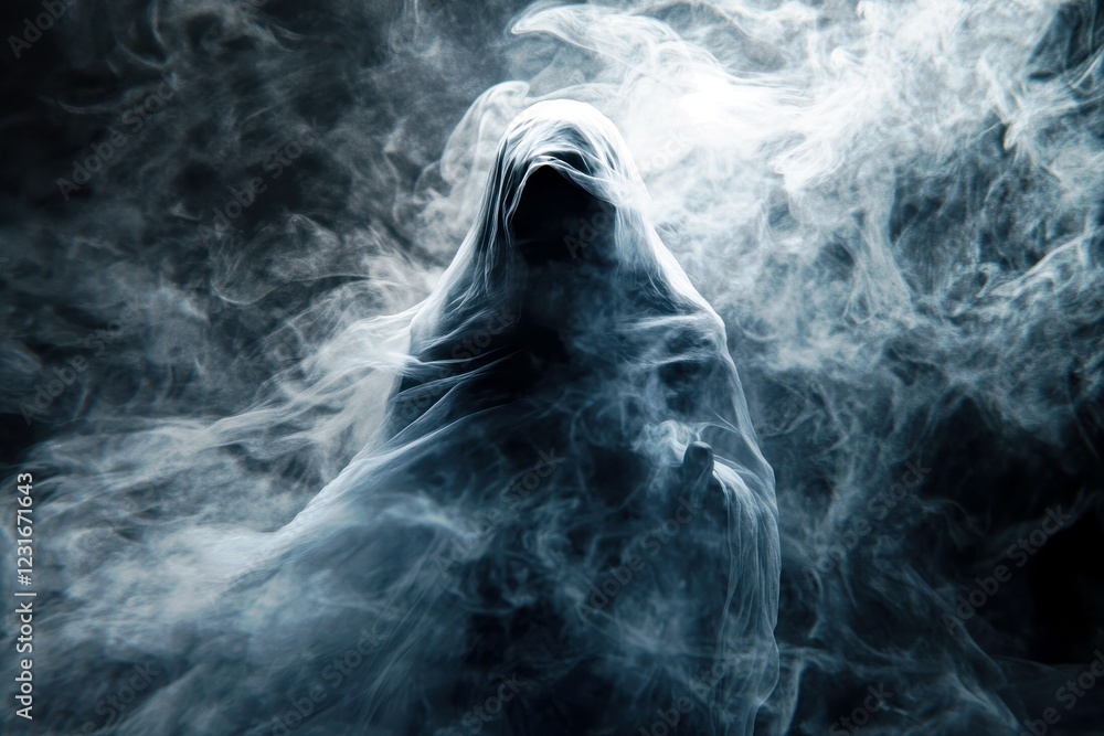 Poster ethereal figure shrouded in wispy smoke creating a mystical and enigmatic atmosphere in a dark backg