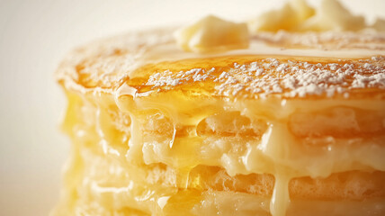 Close-up fluffy pancakes with soft light and butter, professionally styled for high-end food visuals.