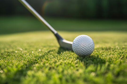 Golf clubs and balls on a green lawn Generative AI