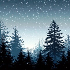 Fototapeta premium Serene Winter Landscape at Dusk with Snowfall and Pine Trees Under a Starry Sky, Calm and Tranquil Scenery for Nature Lovers and Winter Enthusiasts