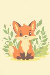 Obraz premium Cute fox sitting amidst leaves; nature background, ideal for children's books