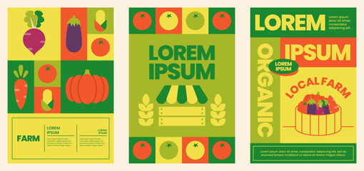 Organic farm market poster set with fresh vegetables and fruits, eco-friendly natural food design.