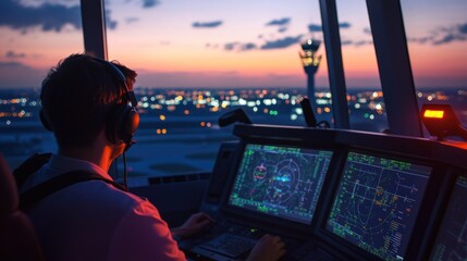 Air Traffic Controller at Sunset: Guiding Flights Over City Lights