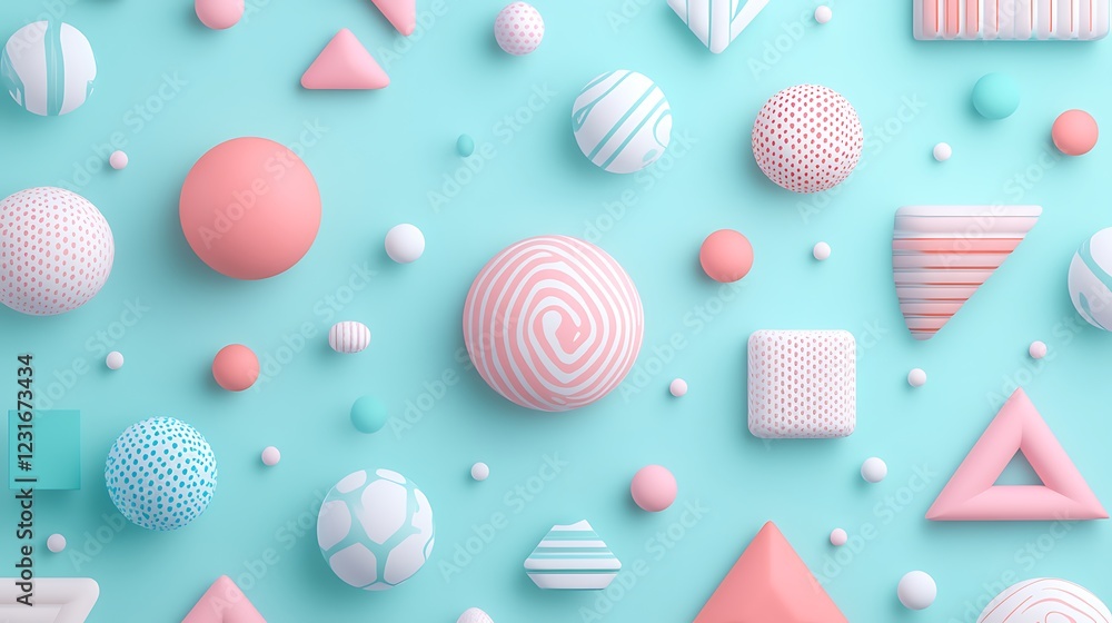 Poster colorful 3d geometric shapes and patterns on soft turquoise background for modern design and creativ