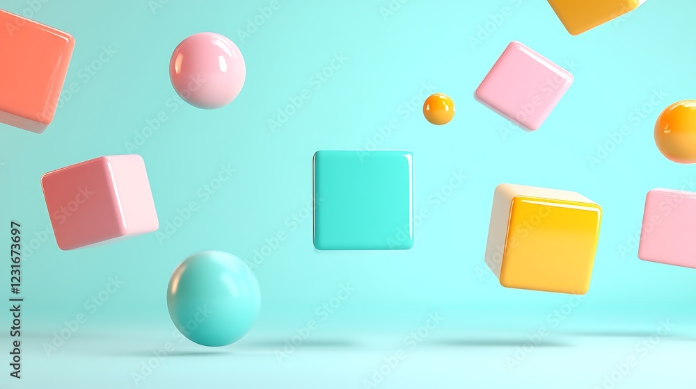 Poster colorful 3d shapes floating in bright blue background creating a playful and joyful atmosphere