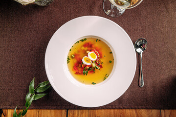 Top view on portion of gourmet italian minestrone soup 