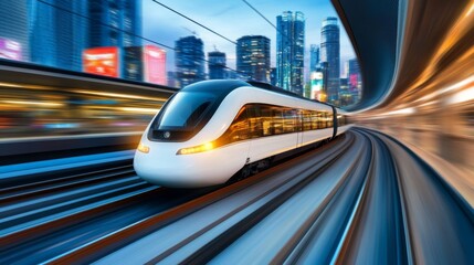 Fototapeta premium High speed train traveling through a city at night modern transportation technology futuristic railway system urban landscape