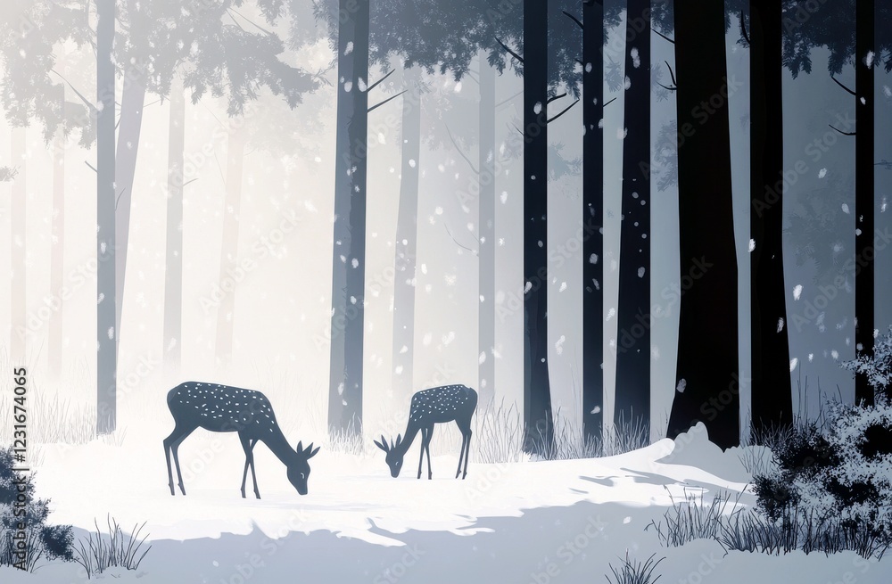 Poster serene winter scene with two deer grazing in a snowy forest surrounded by tall trees and soft fallin