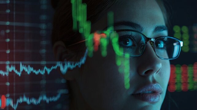 Close-up of woman looking at multiple computer screens displaying stock market charts and graphs Generative AI