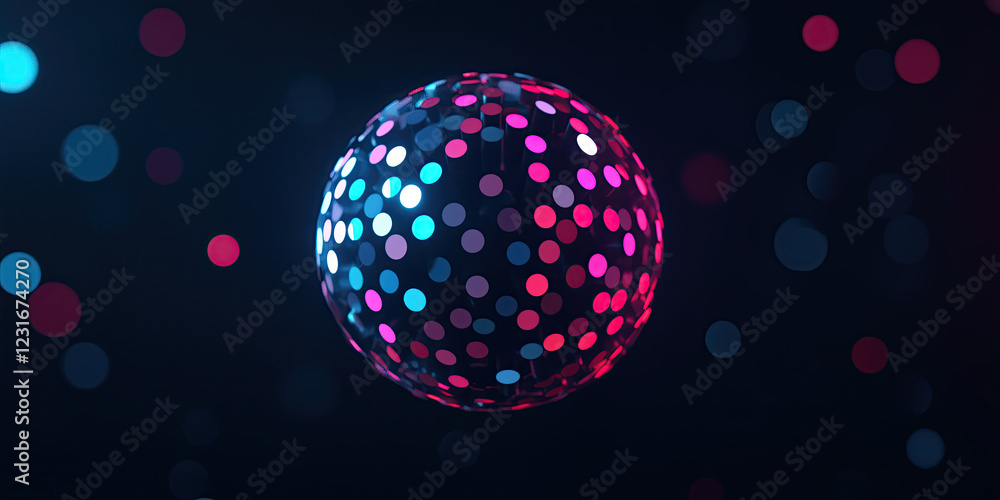 Poster glowing digital sphere with colorful dots floating in dark abstract background