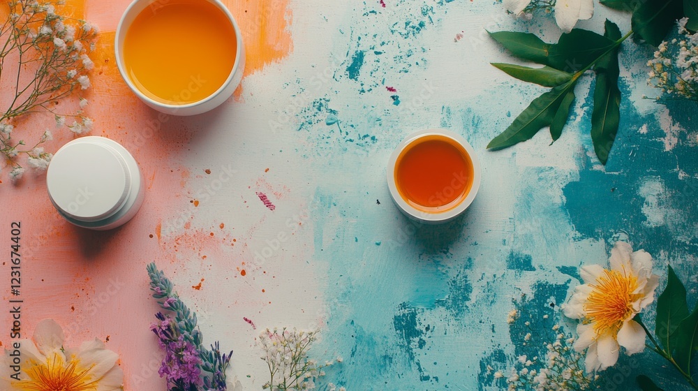 Poster a colorful background with a white container of lotion and two other containers of lotion. the backg