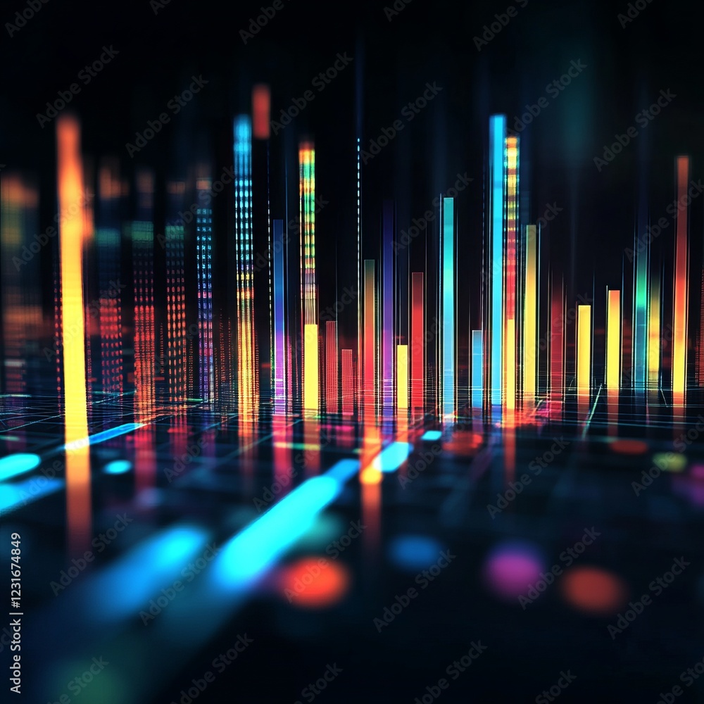 Poster colorful data visualization with digital bars illuminating technological concepts