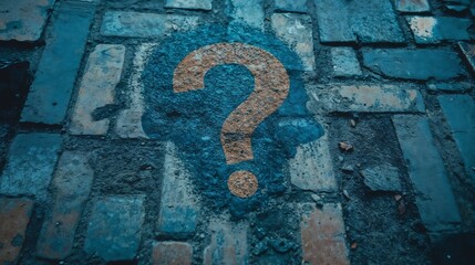Question mark on wet cobblestone street. Perfect for urban mystery and philosophical inquiry content.