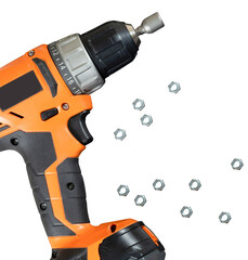 Subject photography of tools for repair: screwdriver and nuts on a white background.