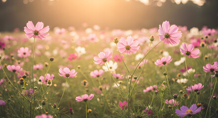 Fototapeta premium Serene Sunset Cosmos Field A Breathtaking View of Pink and White Flowers