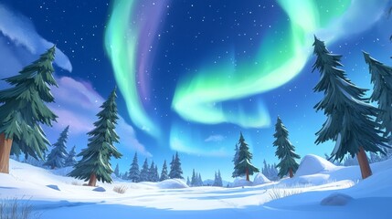Naklejka premium Magical Winter Wonderland Scene Northern Lights Dance Above Snowy Pine Forest