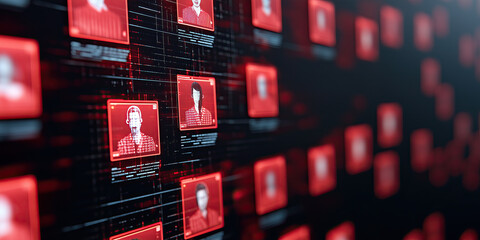 Digital interface displaying red highlighted profiles on futuristic grid