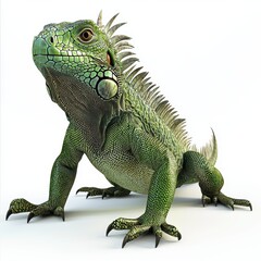 Large green iguana with spiky scales along its back, placed on a bright white background