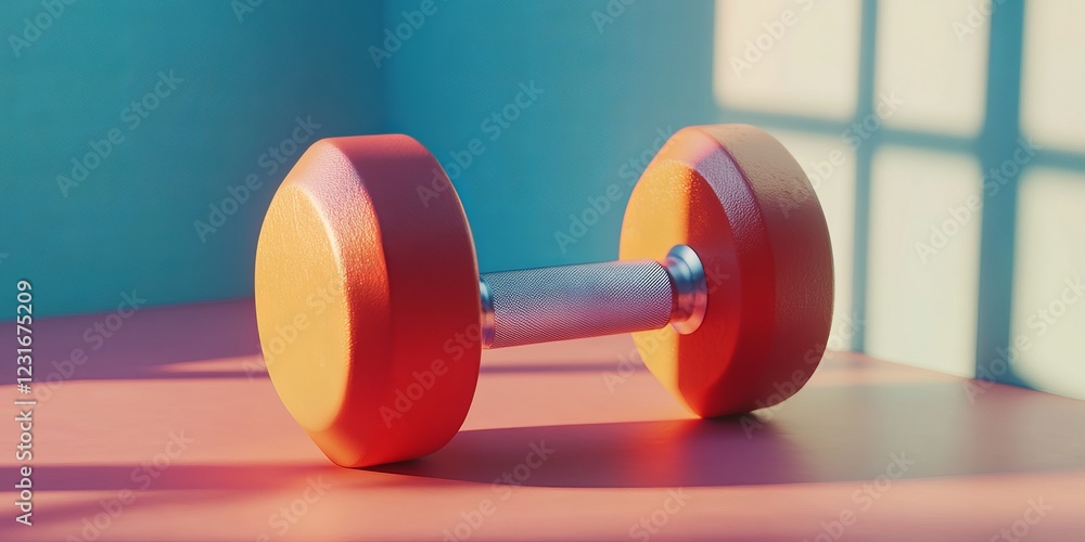 Poster a visually appealing colorful dumbbell rests on a bright surface, bathed in soft light. ideal for fi