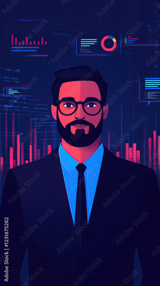 Poster confident marketing expert in suit with floating analytics and charts in background