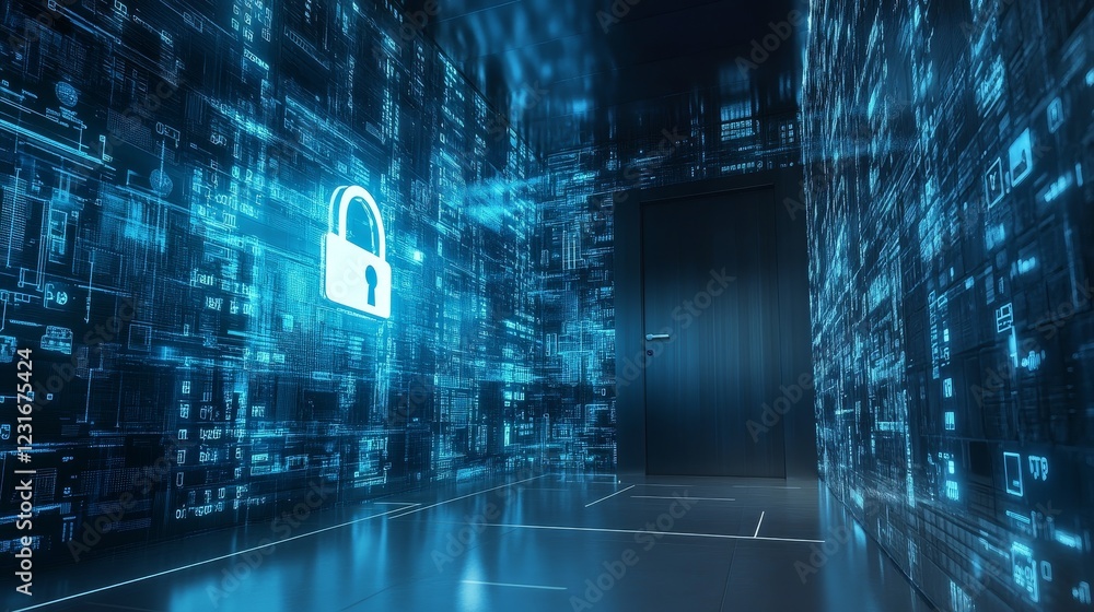 Poster a digital secure room featuring a glowing lock symbol. the futuristic environment emphasizes data se