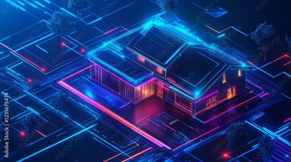 Poster a stunning digital rendering of a futuristic house illuminated by vibrant neon lights, representing 