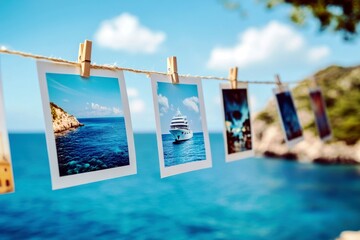 Scenic Coastal View With Photographs Hanging On A Line Against A Beautiful Blue Ocean And Clear Sky In A Serene Travel Setting