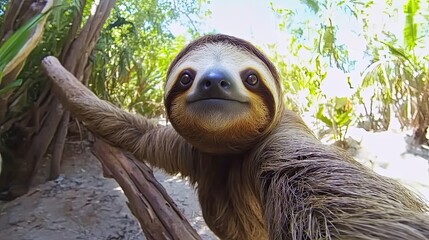 Fototapeta premium A Three Toed Sloth Poses For A Close Up Photo