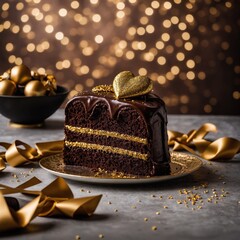 A triple chocolate heart cake with gold dusting, sitting elegantly against a luxurious background of chocolate gift sets.