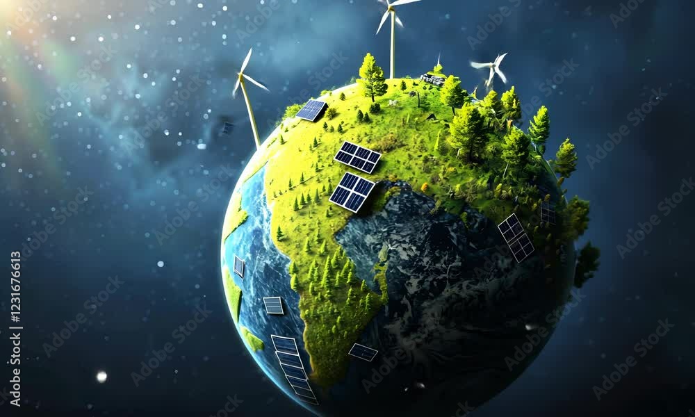 Canvas Prints a model of earth circling or rotating with wind turbines and solar panels on it, stars passing throu