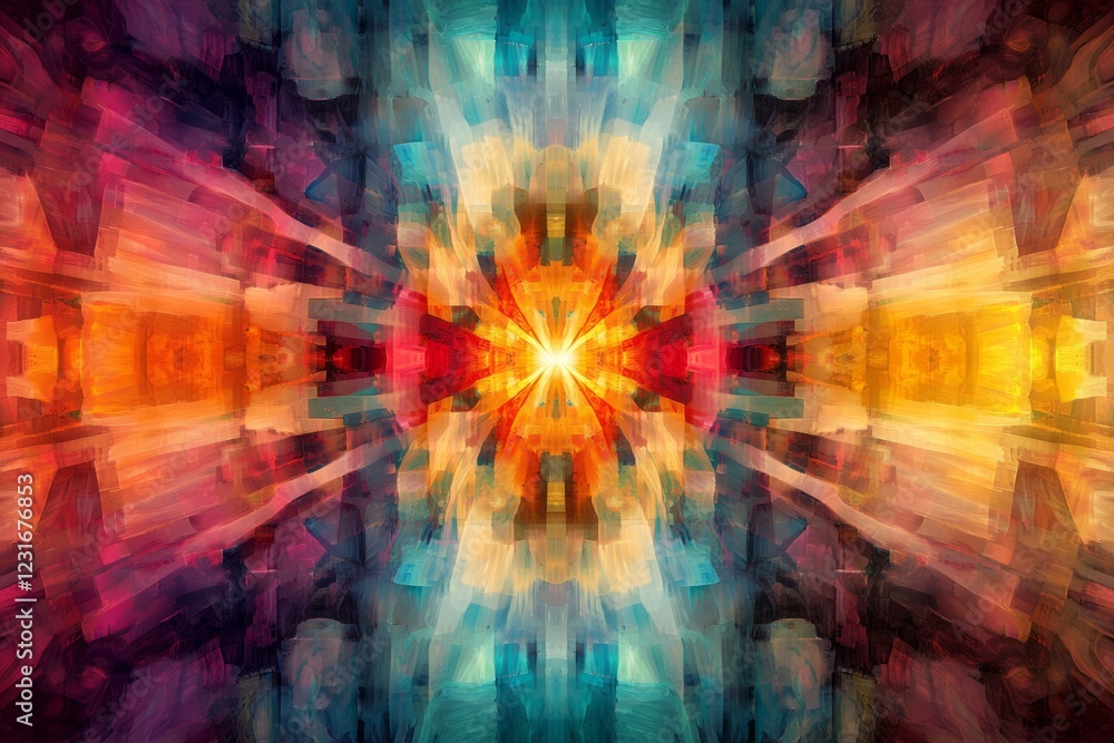 Poster dynamic abstract artwork featuring a symmetrical geometric pattern with vibrant multicolor hues.