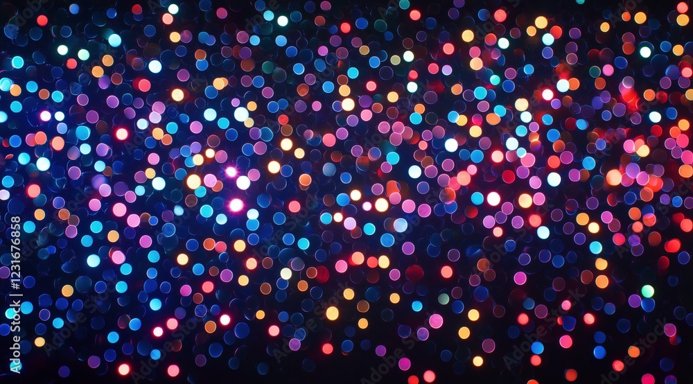 Poster cosmic sparkle: a mesmerizing abstract backdrop of vibrant, multi-colored bokeh dots on a deep blue 