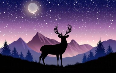 Majestic stag silhouette under a starry night sky with mountains and a glowing moon creating a serene and peaceful wilderness landscape