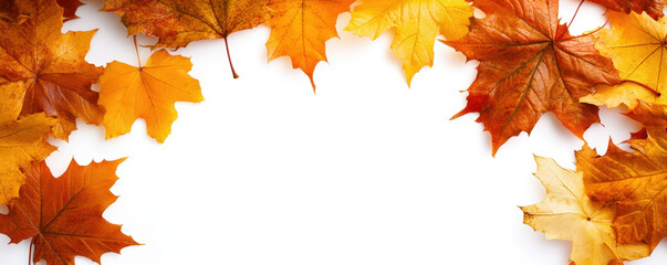 Autumn leaves in vibrant orange and yellow hues frame white background, creating warm and inviting atmosphere perfect for seasonal themes