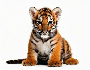Fototapeta premium Two months old tiger cub sitting against white background