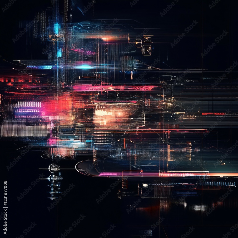 Poster a vibrant digital abstract background featuring neon lights and dynamic geometric patterns against a