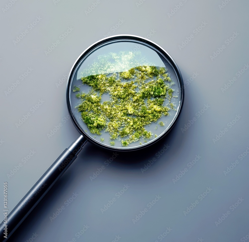 Poster close-up view of green algae and microorganisms under a magnifying glass on a gray background for sc