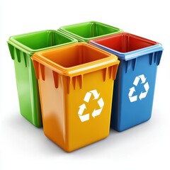 colorful recycling bin with separate compartments, placed on a bright white background