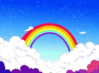 Colorful Rainbow Arching Over Soft White Clouds in a Blue Sky Full of Stars and Gentle Fluffiness, Ideal for Dreamy and Uplifting Artworks
