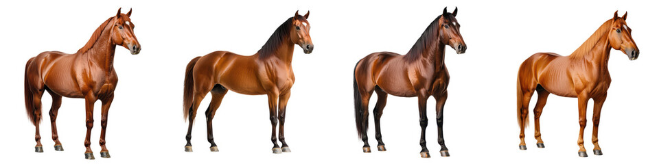 Obraz premium A group of four majestic brown horses including stallions mares and geldings standing in a lush green grassy field or meadow The horses have distinctive chestnut and bay coats