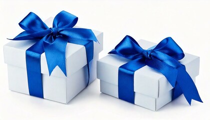Two White boxs tied Blue satin ribbon bow Isolated on white