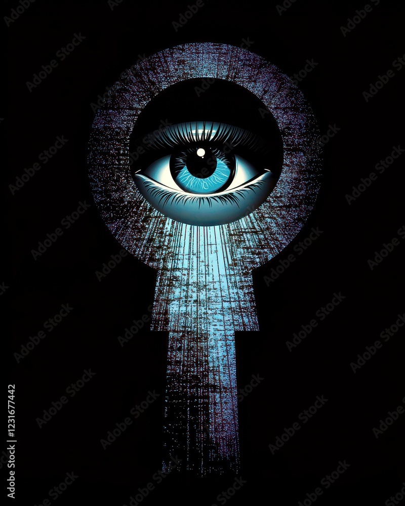 Poster enigmatic eye symbolizing awareness, knowledge, and feminine power on a dark background with digital