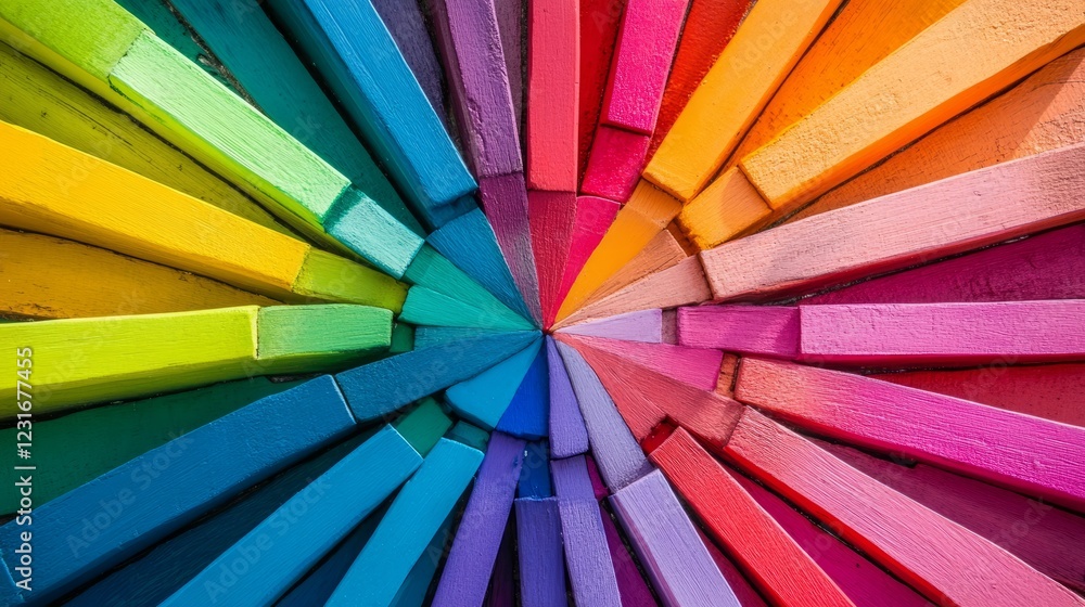 Poster a colorful circle made of wooden sticks. the sticks are of different colors and are arranged in a sp