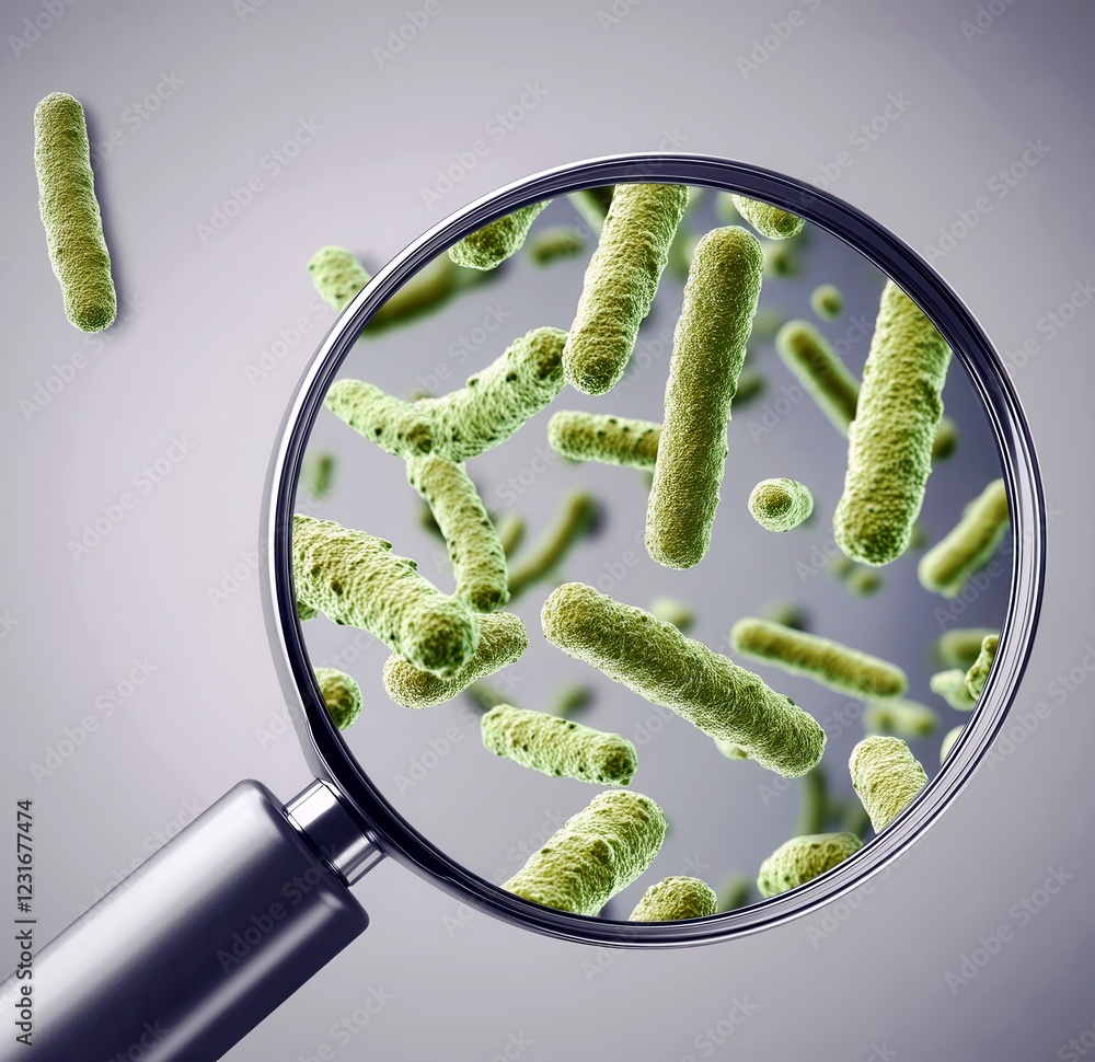 Poster magnified view of bacteria under a microscope highlighting microbial life forms and their unique str