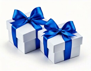 Obraz premium Two White boxs tied Blue satin ribbon bow Isolated on white
