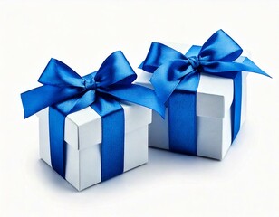 Obraz premium Two White boxs tied Blue satin ribbon bow Isolated on white