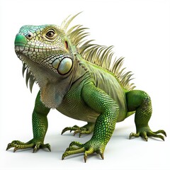 Large green iguana with spiky scales along its back, placed on a bright white background