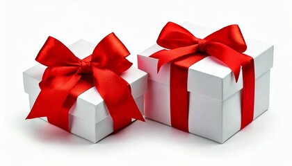 Obraz premium Two White boxs tied with a red satin ribbon bow Isolated on white