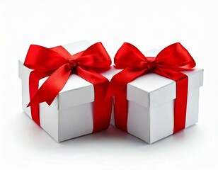 Fototapeta premium Two White boxs tied with a red satin ribbon bow Isolated on white